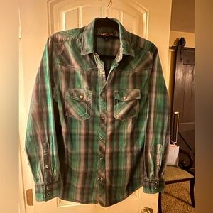 Helix brand, green and black, w/gray plaid. men's size L